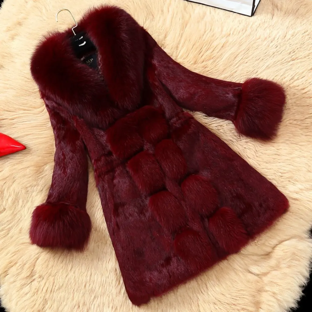 

New Ladies Long Fur Coat with Big Fox Fur Collar Imitation Rex Rabbit Fur Outerwear Wholesale