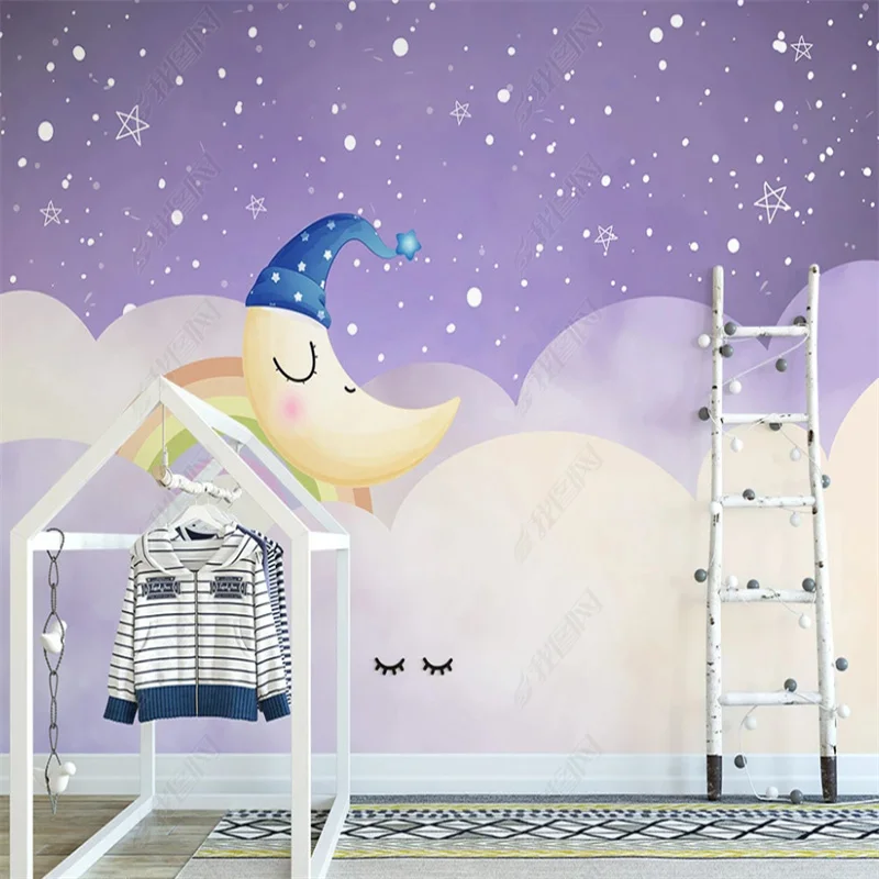 

Nordic Cartoon Good Night Mural Wall Paper Clouds Moon Starry Sky House Wallpapers for Kids Room Bedroom Decoration