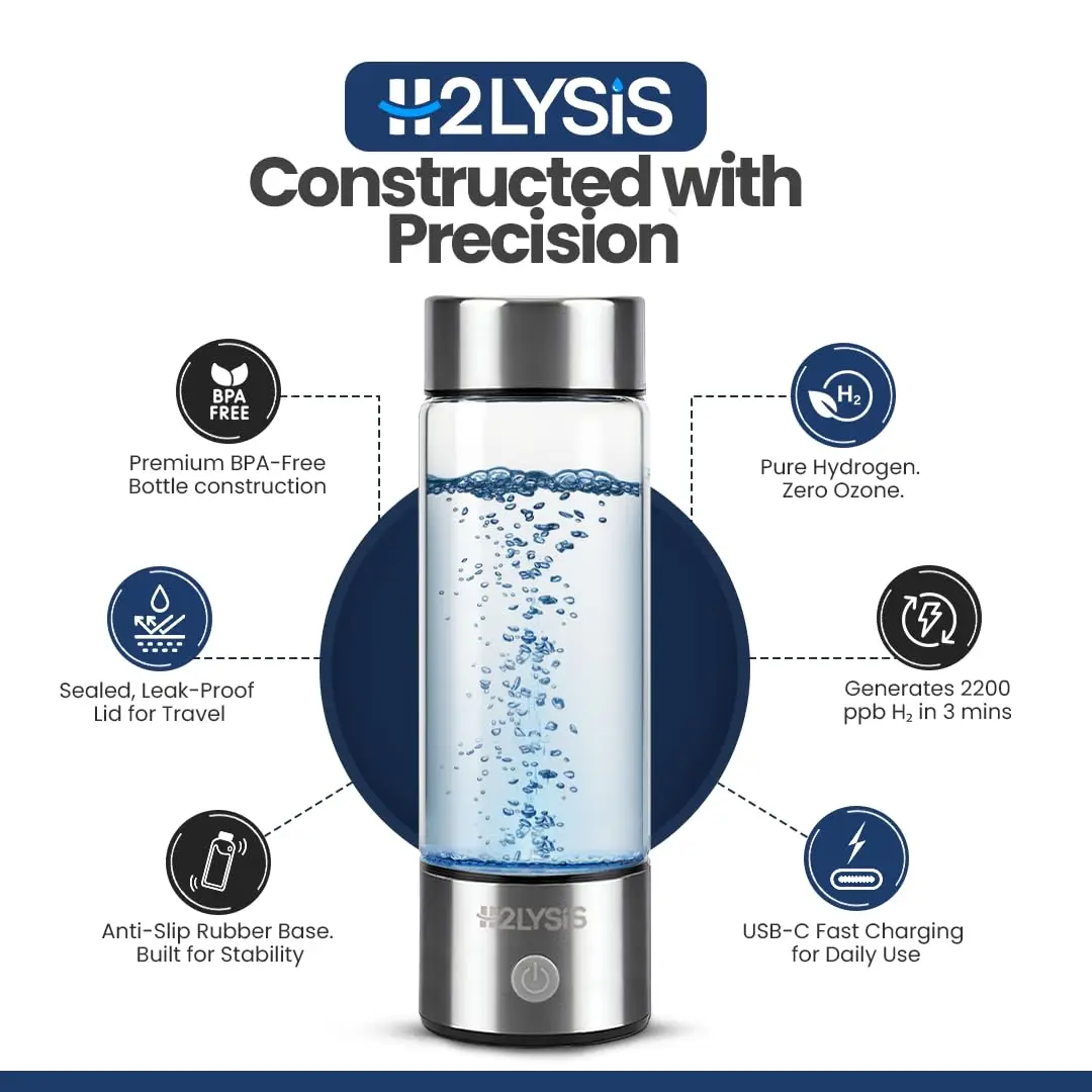 زجاجة مياه هيدروجين زجاجية جديدة 2025، 14 أونصة، 2200 نقطة في 3 دقائق، مولد H2 محمول مع تقنية SPE/PEM، قابل لإعادة الشحن للمنزل، خارج