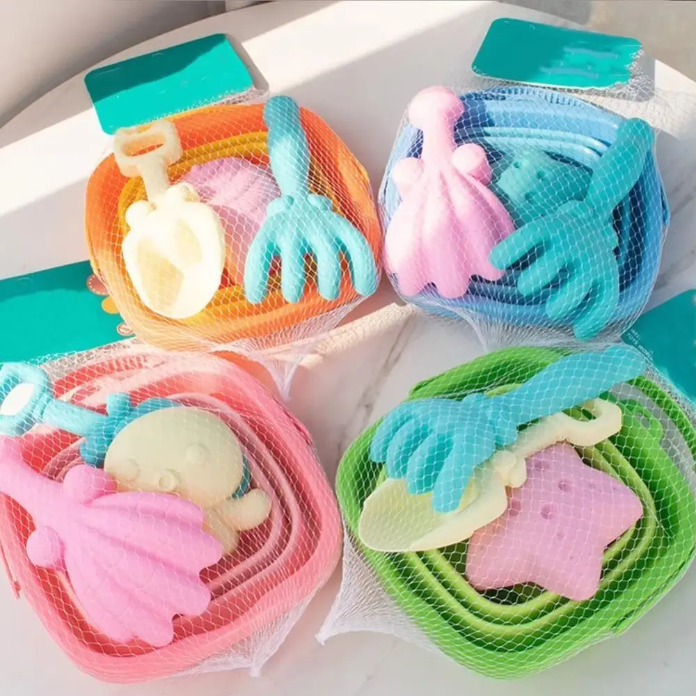 4pcs/Set With Bucket Folding Bucket Beach Toys Parent-Child Cartoon Beach Shovel Bucket Set 4pcs/Set Plastic Summer Beach Toys