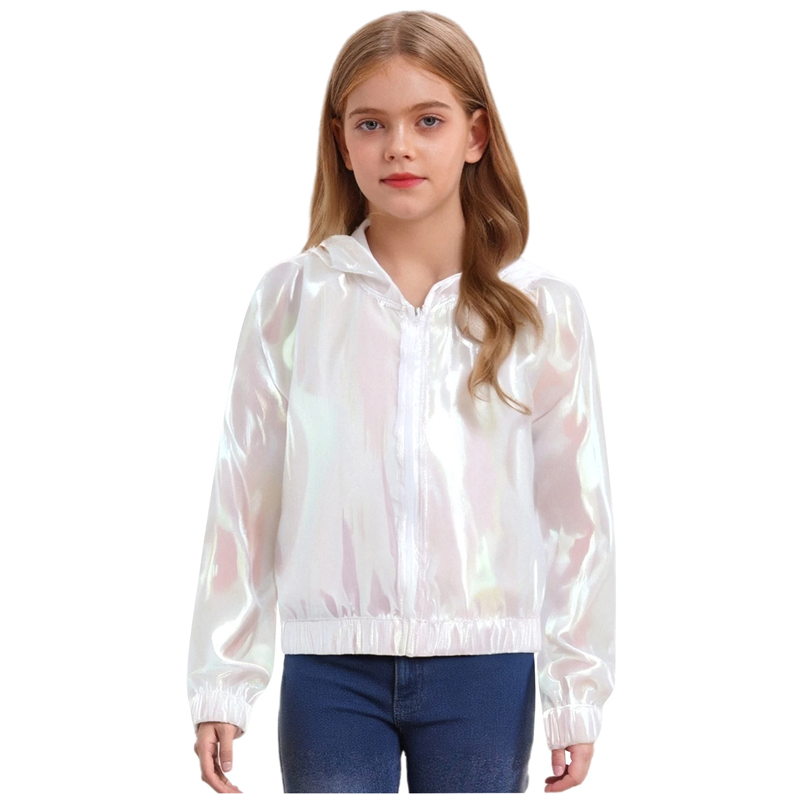

Kids Girls See-Through Jacket Outwear Fashion Shimmery Thin Light Jackets Long Sleeve Zipper Hooded Coat Sun Protective Clothing