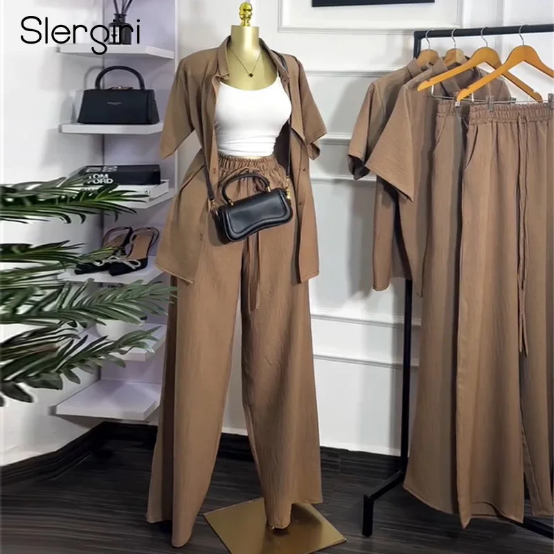 

Slergiri, женские повседневные рубашки на пуговицах с короткими рукавами и широкими брюками, лето 2025, однотонный комплект из двух предметов