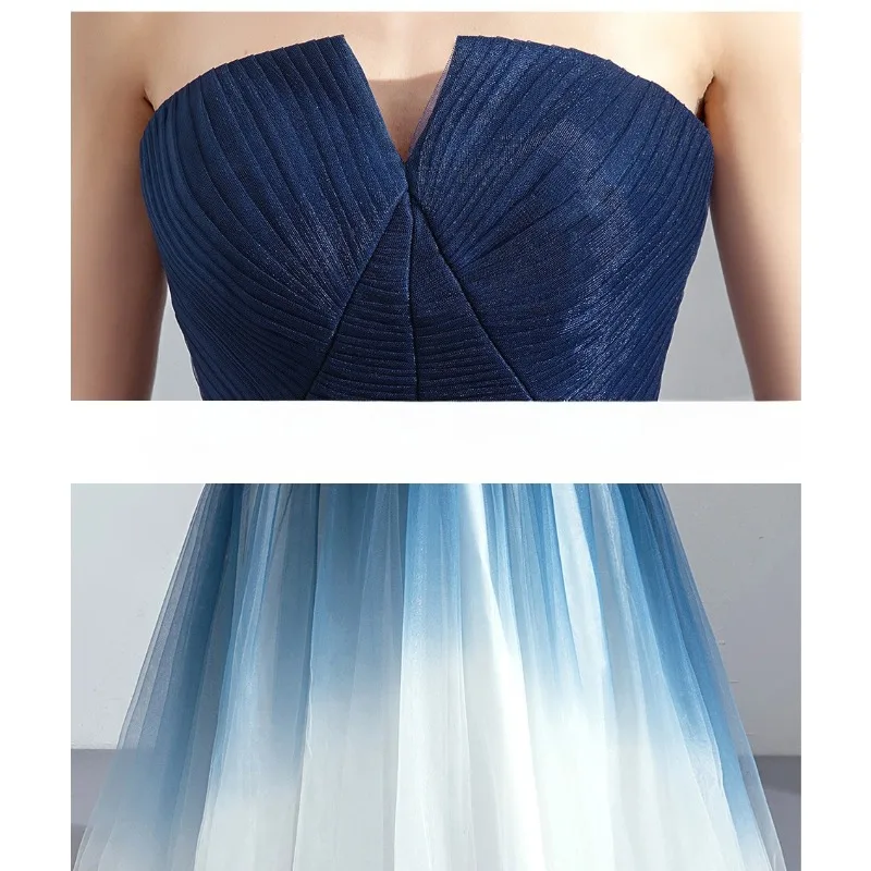 ชุดราตรีออกงานสีน้ำเงินไล่ระดับลายดรีมสตาร์สำหรับผู้หญิงปี 2025 เหมาะสำหรับงานประชุมประจำปี งานแสดงแฟชั่น งานสอบศิลปะ พิธีกรงานเลี้ยง ชุดราตรีแบบไม่มีสาย