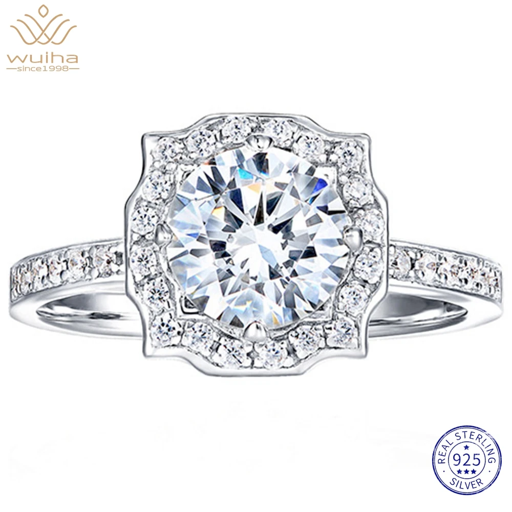 WUIHA Classic 925 Sterling Silver 1 CT Round Cut Lab Sapphire High Carbon Diamond Gemstone Wedding Engagement Rings Fine Jewelry