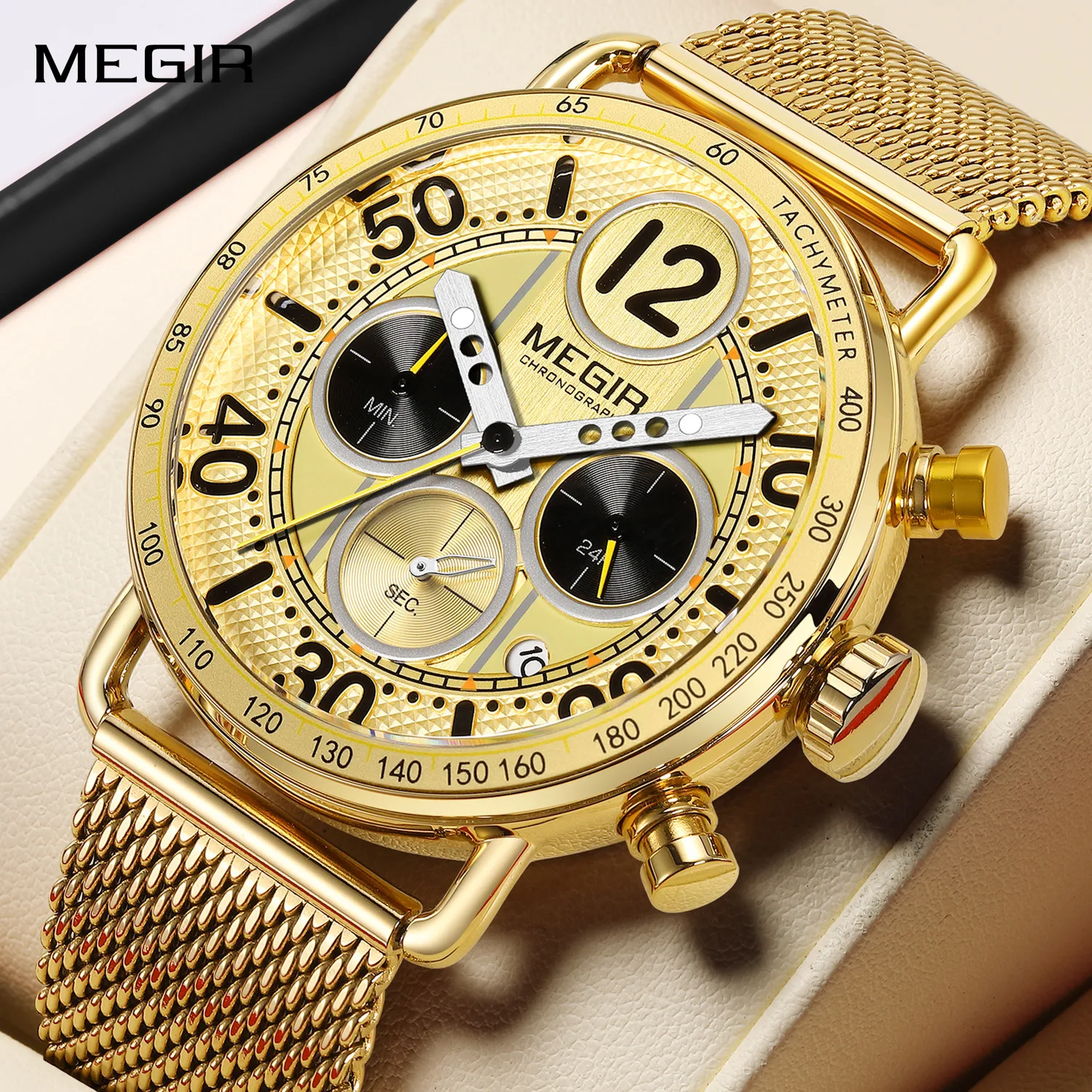 

MEGIR Men Watches Mesh Steel Bracelet Business Casual Wristwatch Luxury Waterproof Quartz Chronograph with 24-hour Relogio