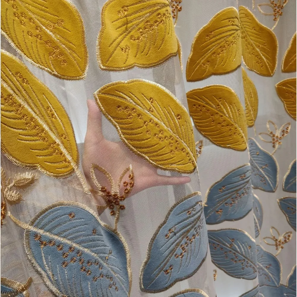 Nordic Luxury Golden Leaf Semi-Blackout Curtain for Living Room Villa Bedroom Hollow-Out Velvet Embroidered Window Drapes