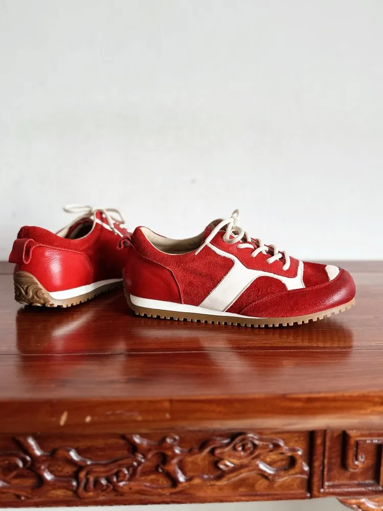 Vintage Women Running Sports Trainers Lace Up Mixed Colors Genuine Leather Platform Skateboard Shoes Lady Comfortable Sneakers