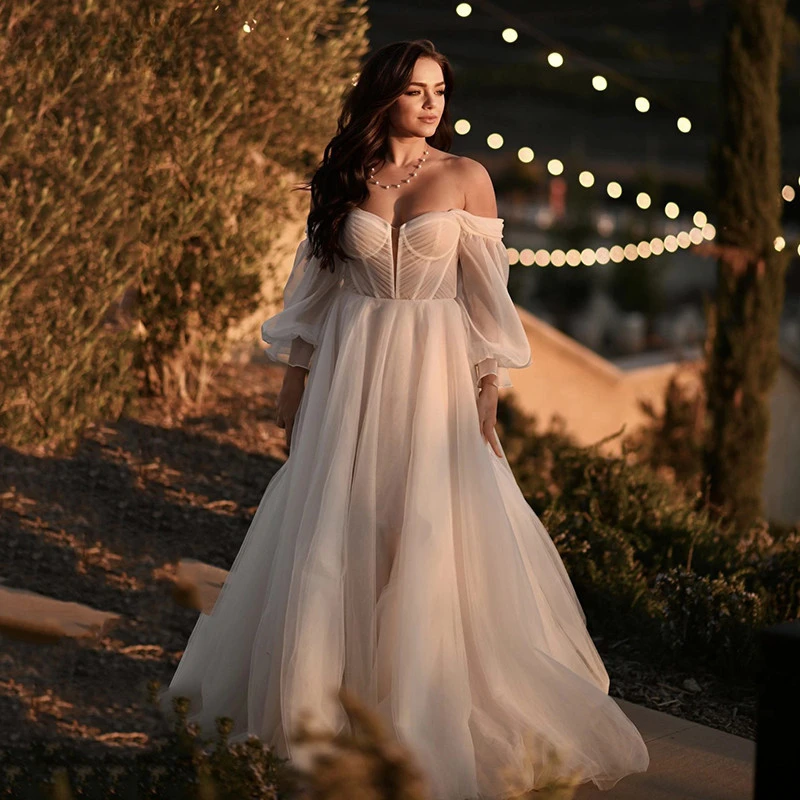 

Illusion Bodice Wedding Dresses with Puffy Long Sleeves Side Slit Off the Shoulder Bridal Dress Sexy A Line Wedding Gowns 2023