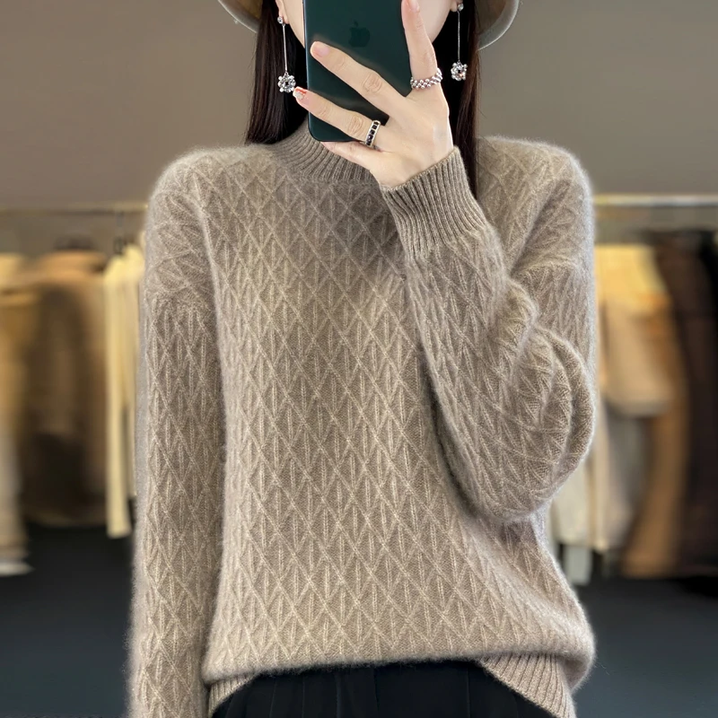 

Women's Knitted 100% Wool Hoodie Long Sleeve Half High Collar Sweater Knitted Pattern Loose High Quality Basic Top