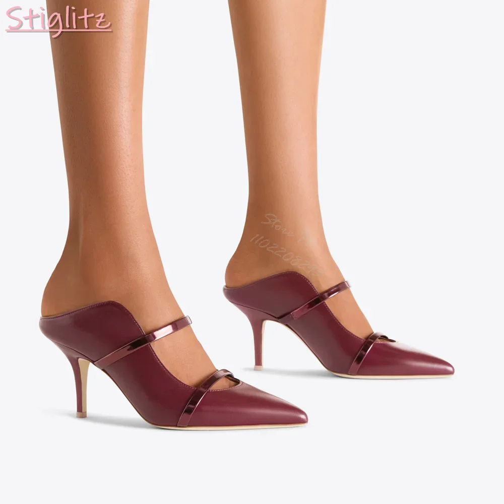 Concise Wine Red Stiletto Pumps Solid Pointed Toe Shallow Strappy Thin Heels Slippers Sexy Office Lady New Fashion Dress Shoes