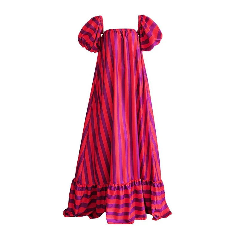 Nieuwe stijl gestreepte maxi-jurk 2025, populaire damesmouwen, oversized rok, oranje gestreepte strandvakantiejurk