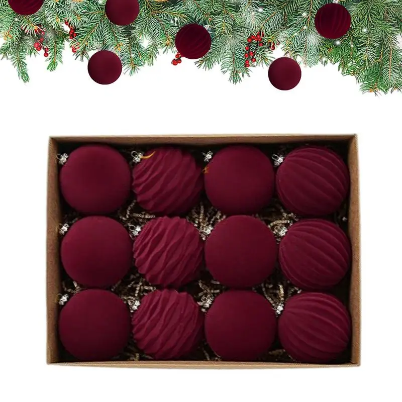 12Pcs Christmas Velvet Ball Ornaments 8CM Christmas Tree Ornaments Set with Hanging Loop Christmas Hanging Decor for Home Party