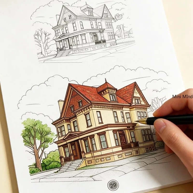 A Step-by-step Coloring Book for Landscape Architecture, A Line Drawing Brochure for Ancient Architecture Style with 24 Patterns