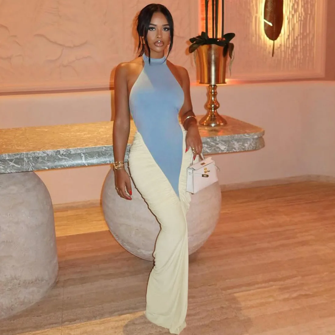 Cor retalhos ruched bodycon maxi vestido de festa feminino sexy sem mangas halter sem costas magro aniversário longo robe banquete outfits