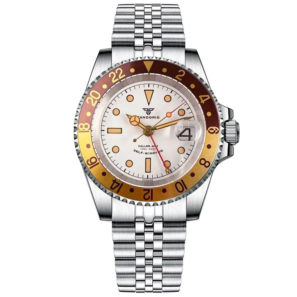 ساعة Tandorio NH34 40 ملم أوتوماتيكية للرجال بتوقيت جرينتش مينا بيضاء وتاريخ كريستال الياقوت