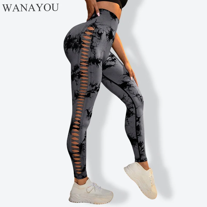 

WANAYOU Women Tie Dye Hollow Out Leggings Sports Yoga Pants Fitness Sportswear Sexy High Waist Push Up Gym Tights Sport Leggings