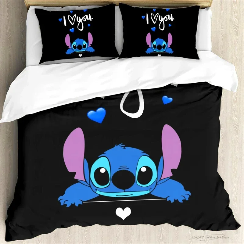 Cute Stitch Black Blue Printed Cartoon Children Quilt Cover 3D Children's Bedding Set 3-piece Set 1 Quilt Cover 2 Pillowcases