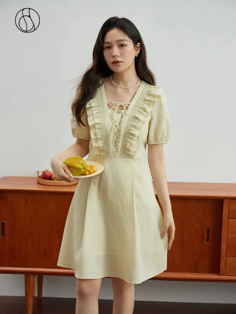 

DUSHU Temperament Sweet Puff Sleeve Dress for Women Summer New High Waist French Style A-line Lace-up Collar Skirt Female