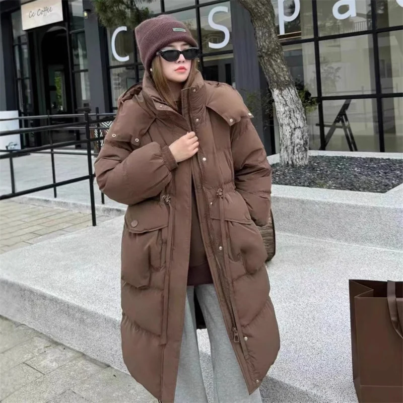 패션 겨울 코트 긴 파카 여성용 다운 코튼 패딩 재킷 두꺼운 따뜻한 Drawstring 오버 코트 후드 루즈 한 겉옷
