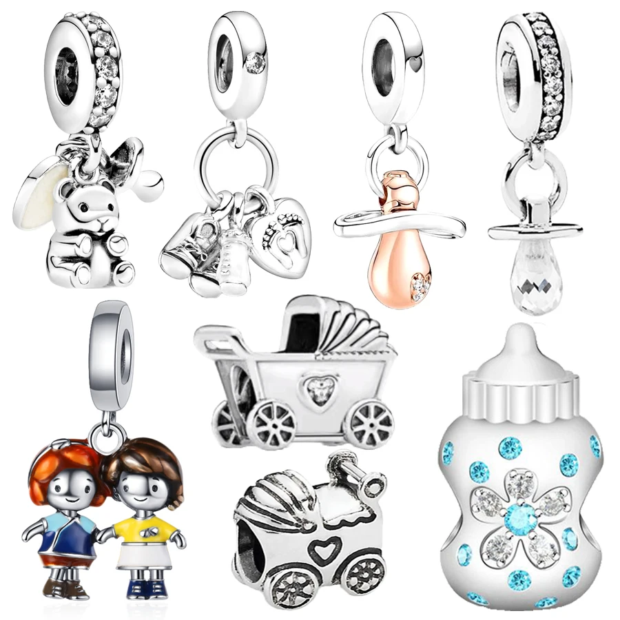 Sparkling Girl&Boy Dangle Stroller Baby Bottle Charm Bead Fit Original European Silver Bracelet Necklace DIY Women Jewelry Gift