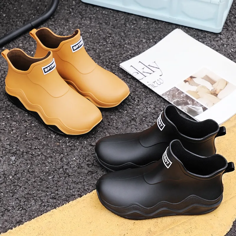 Short tube couple rain shoes men's low cut outer water shoes thick sole shallow mouth anti slip kitchen rubber shoes unisex