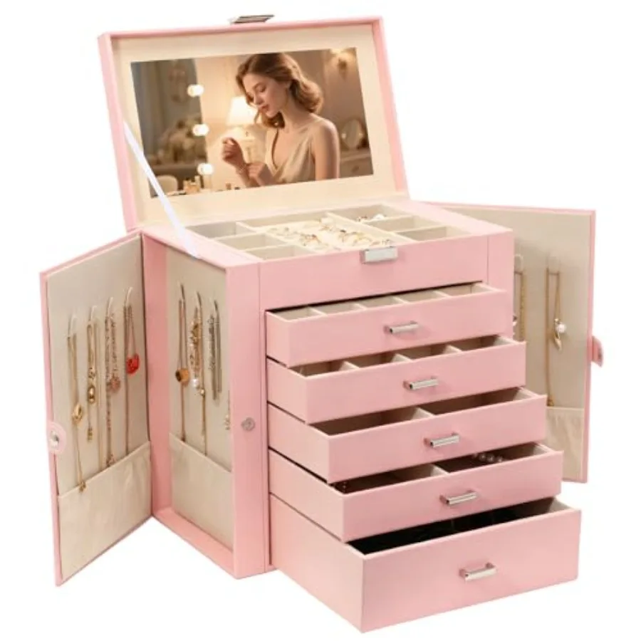 

Jewelry Box For women 6 Layer Large Jewelry Organizer With Mirror Multi-Function Storage Box With Lock Necklace Holder With 5 D