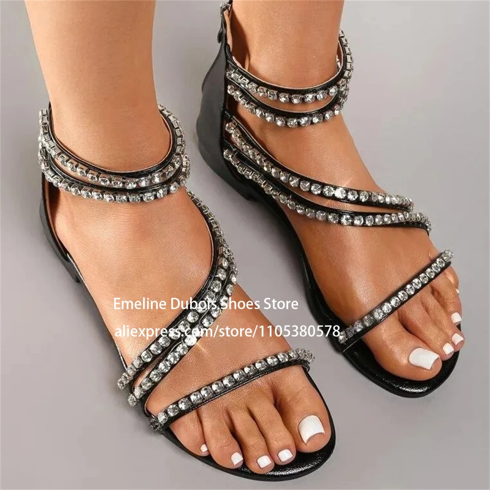

Rhinestone Suede Flat Sandals Back Zipper 5 Strap Rope Crystal Stone Low Heel Sandals Elegant Fashion Office Women Summer Shoes