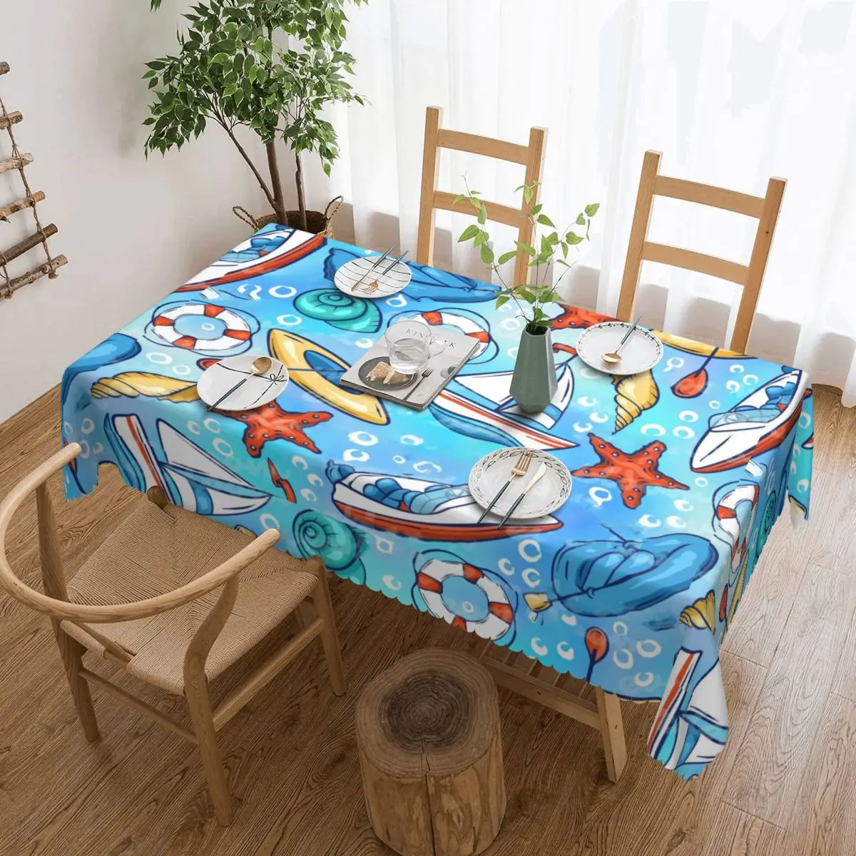 Customized Rectangular Fitted Nautical Ocean Wallpaper Table Cloth Waterproof Tablecloth Outdoor 40