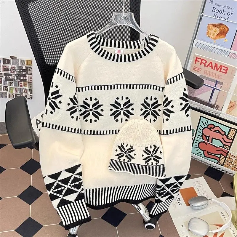 

Loose Cisas Snowflake Knitted Sweater Couple Matching Autumn Winter Nordic Sle Casual Long Sve round Ne Top
