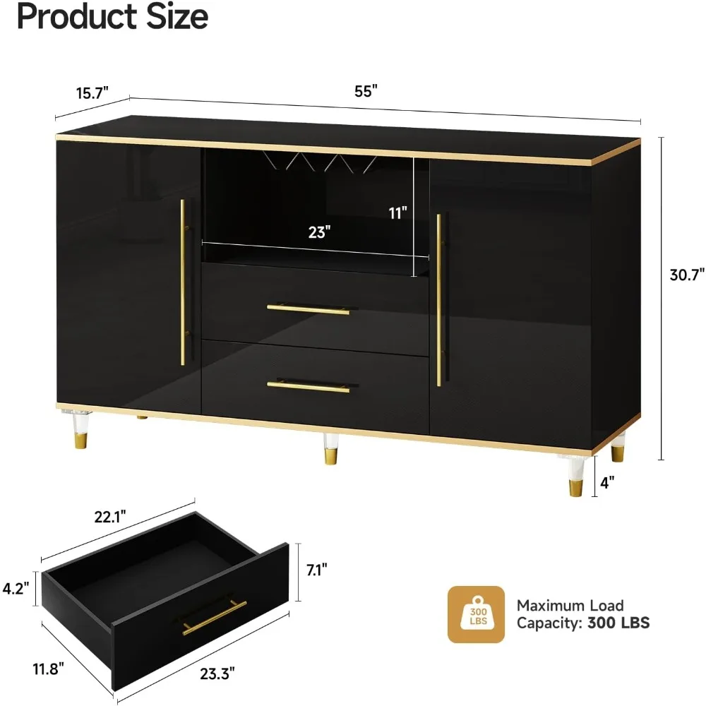 Weinschrank, 55 Zoll Küchen-Sideboard-Schrank mit 2 Schubladen und Weinglashalter, Sideboard-Aufbewahrung mit verstellbaren Regalen