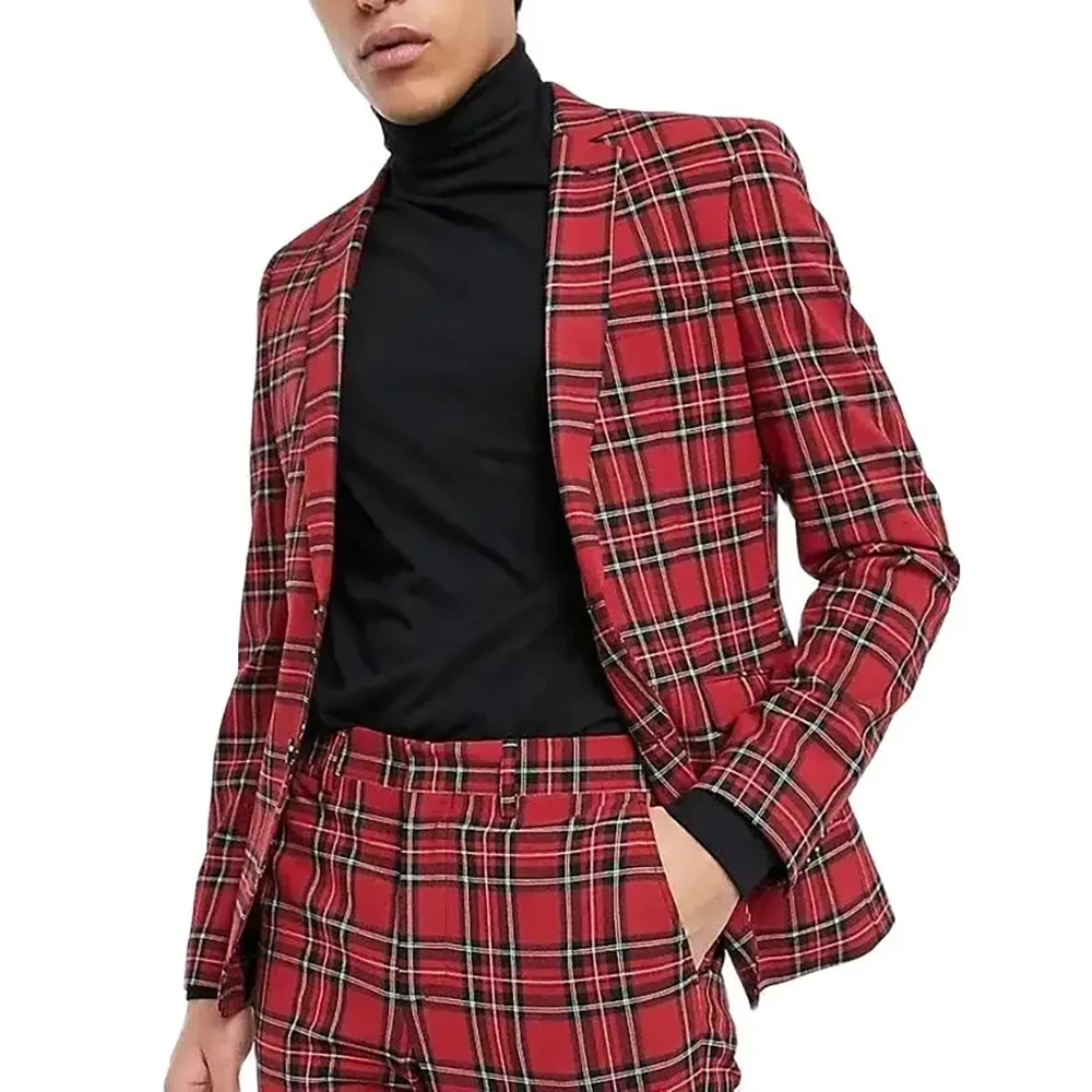 Slim Fit Male Clothing Elegant Men Suits Single Breasted Notch Lapel Red Plaid Prom Party 2 Piece Jacket Pants Male Clothing Set