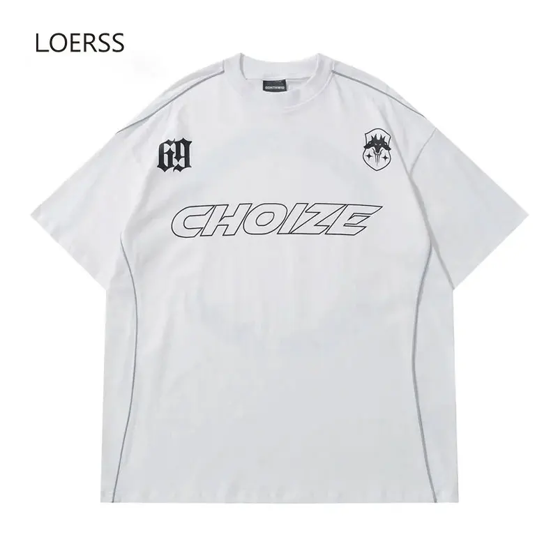 

LOERSS T-Shirt Letter Print Gothic Line Design Short Sleeve Hip Hop Oversized Tops Summer Couple Casual Short Tee Streetwear