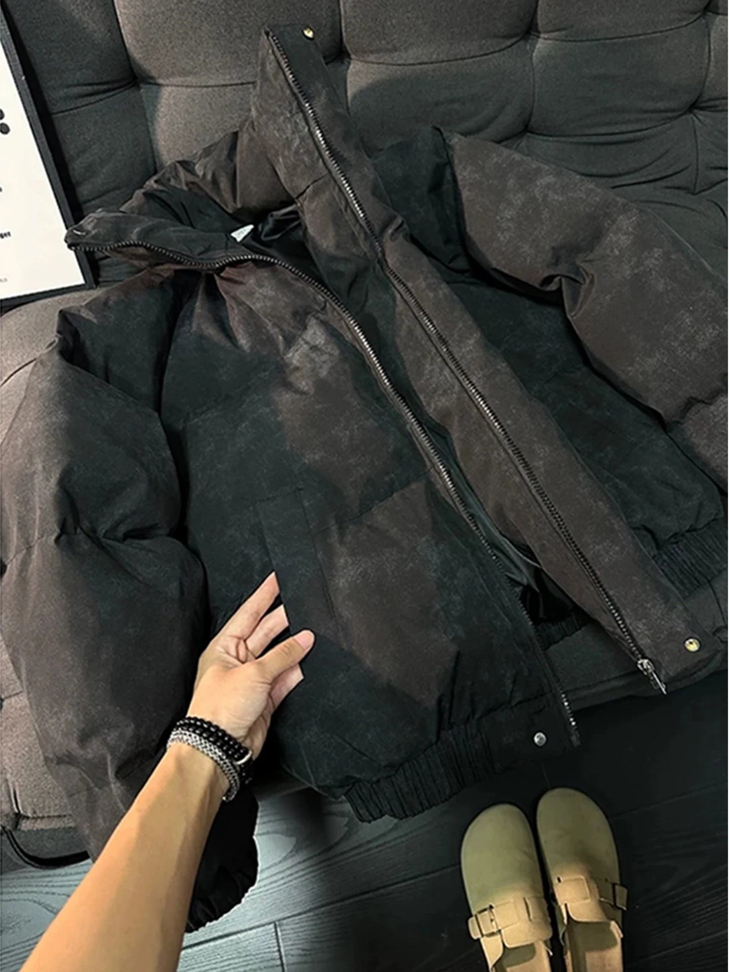 الأمريكية Sle Thiened بو الجلود Bla ort مصبوغ Dir down Jaet الرجال شتاء دافئ الوقوف طوق الخبز Sle ملابس خارجية