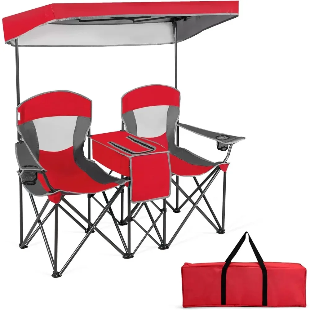 

Loveseat Camping Chair with Adjustable Shade Canopy, Portable Beach Chair with Cooler Bag, 2 Cup Holders, Carrying Bag,Foldable