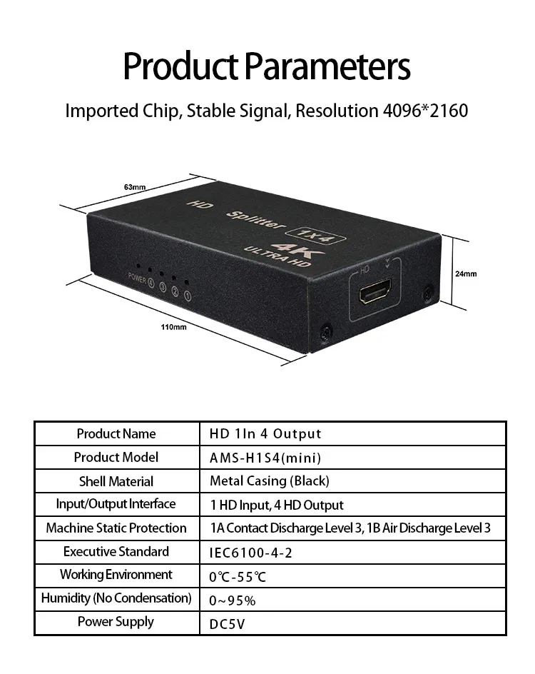HD Splitter AMS-H1S4 (mini) supporta 4K Plug and Play gamma di trasmissione stabile di 30 metri per la condivisione multischermo