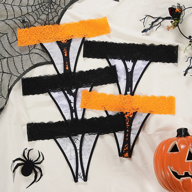 Halloween Panties Sexy Lace T Pants Bat Pumpkins Pattern Thongs Women\'s Underwear Hip Lift Briefs Low Rise Panties