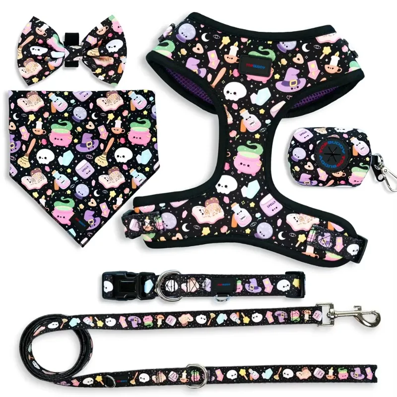 Wholesale Witchy Halloween Dog Collar Harness Set | Cute Themed Bundle with Leash, Bandana & Poop Bag Holder for Dogs