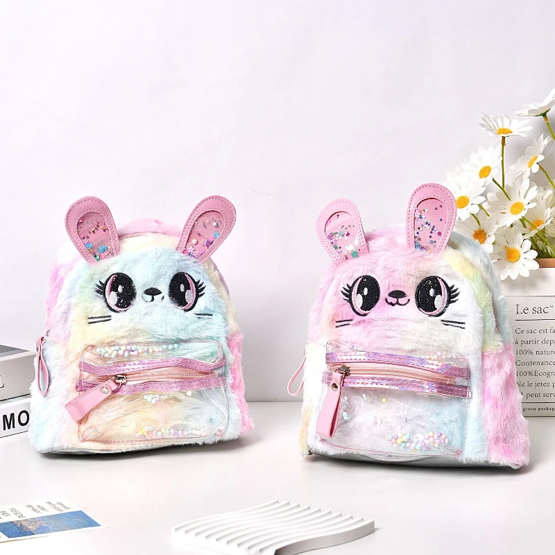 New Cute Cartoon Plush School Bag Large Capacity Embroidered Backpack Winter Sweet Travel Girl Bag Big Eyes Princess Girl Bag