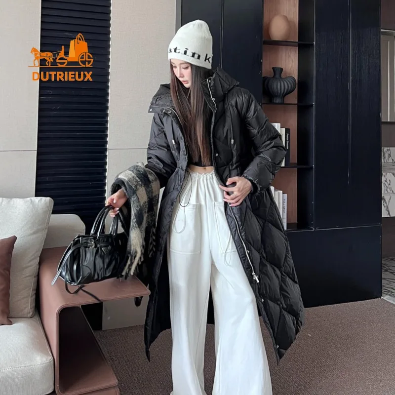 New Down Jacket for Women, Simple and Elegant Winter Hooded Long Drawstring Waist Grey Goose Down Jacket Warm Loose Version Coat