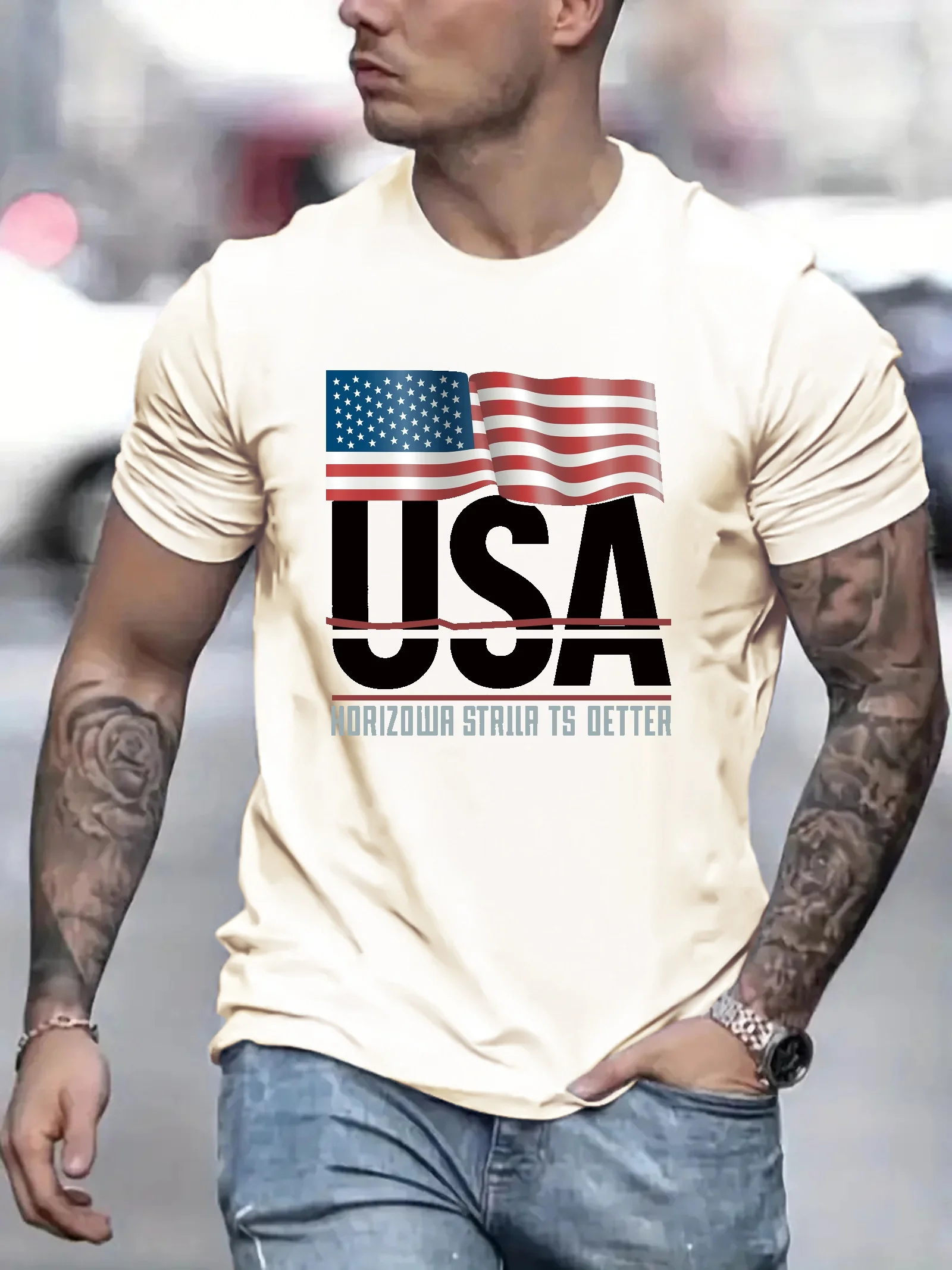 Men\'s short sleeved T-shirt, fashionable and trendy printed base shirt, youth summer round neck casual versatile top, sweatshirt