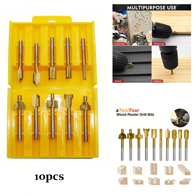 

10pcs Woodworking Milling Machine Drill Bits, Suitable for Dremel Rotating Tools, DIY Hard Alloy Carving, Finishing, Woodworking
