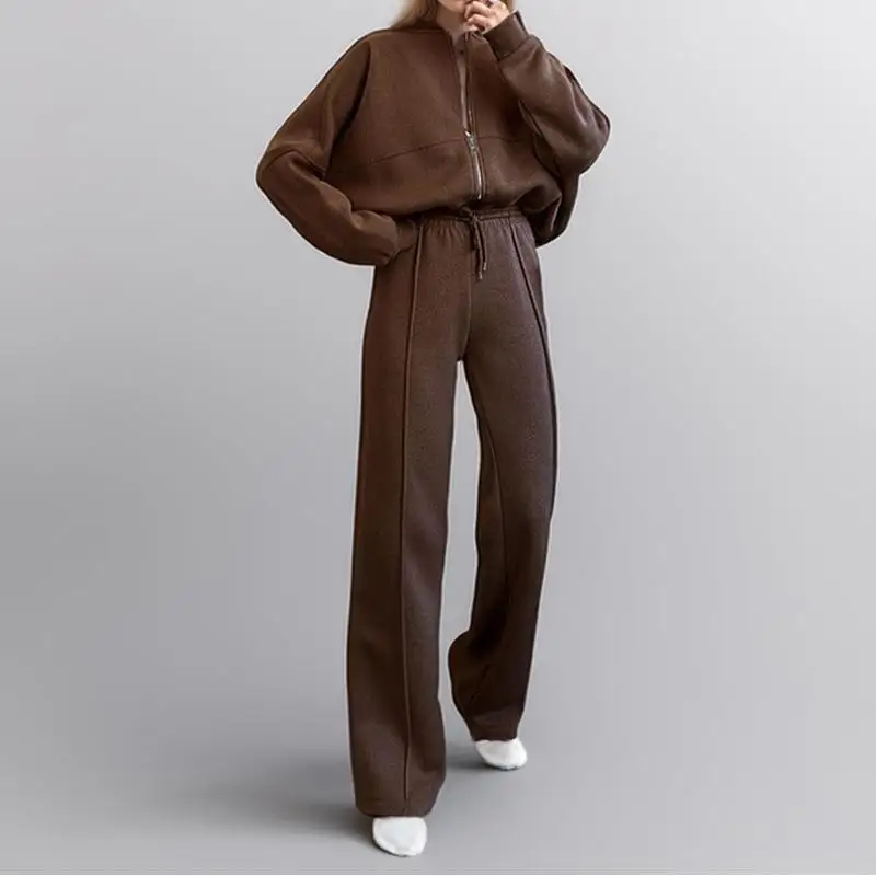 Large Size Casual Sports Pants with Zipper Hoodie Set Comfortable Loose Fit Faionable Tee-Piece Women's Winter Outfit