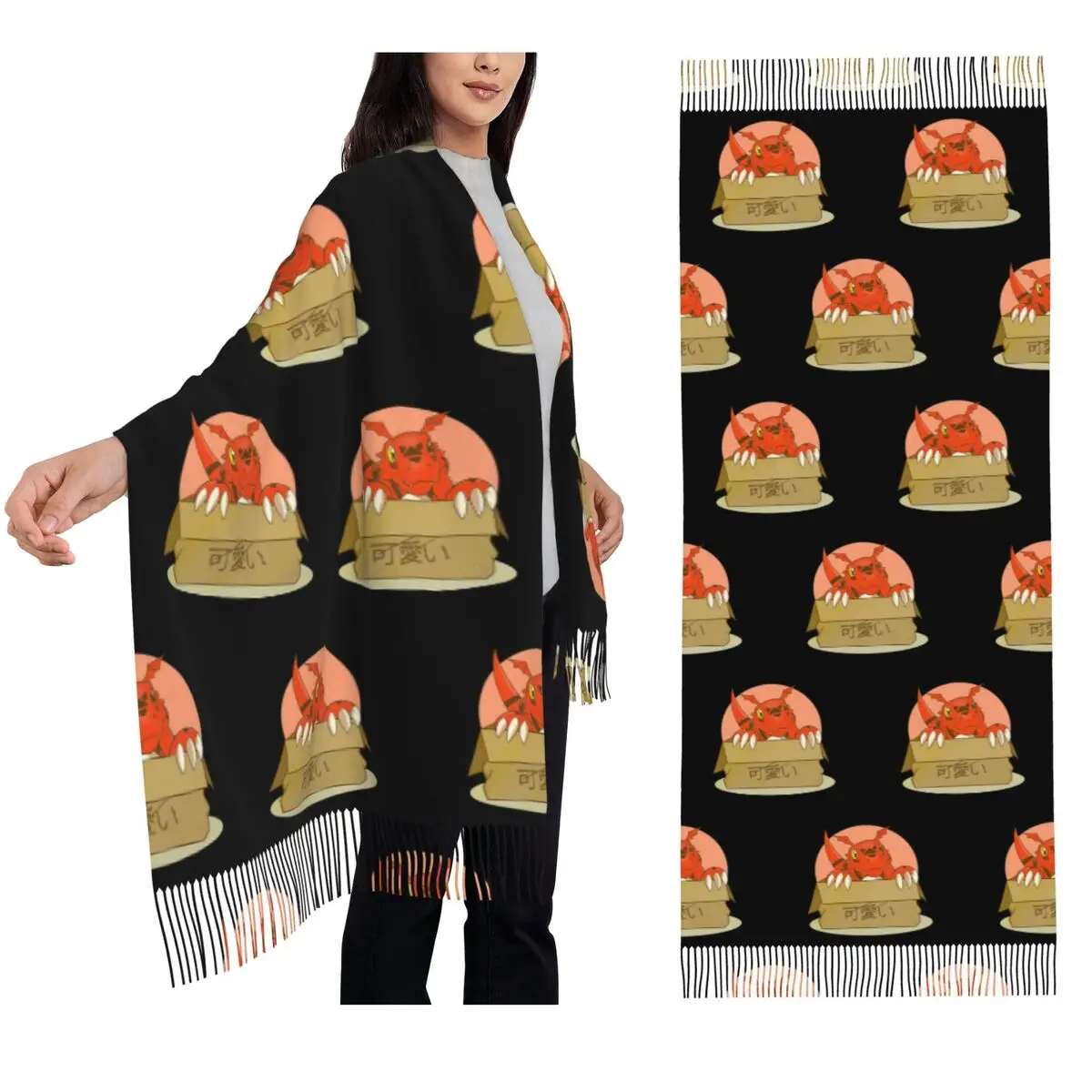 

Guilmon In The Box Digimon Классический шарф Шарфы с кисточками для женщин Мягкие теплые шали и накидки Длинная осенне-зимняя шаль