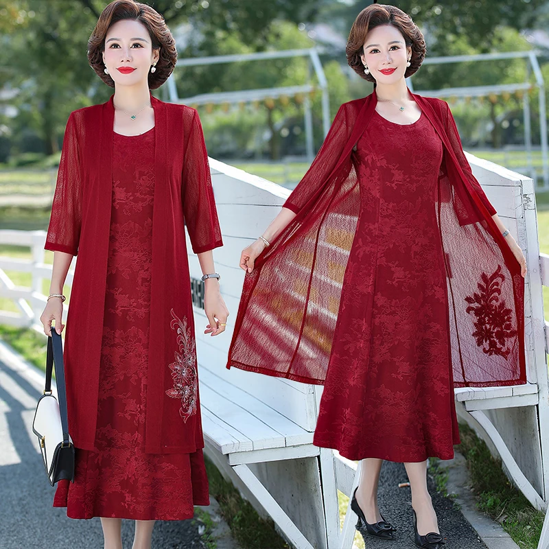 

Middle Age Mother Summer Jacquard Mesh Fabric Dress Two Piece Set New Fashion Women Fashion chiffon Vestido