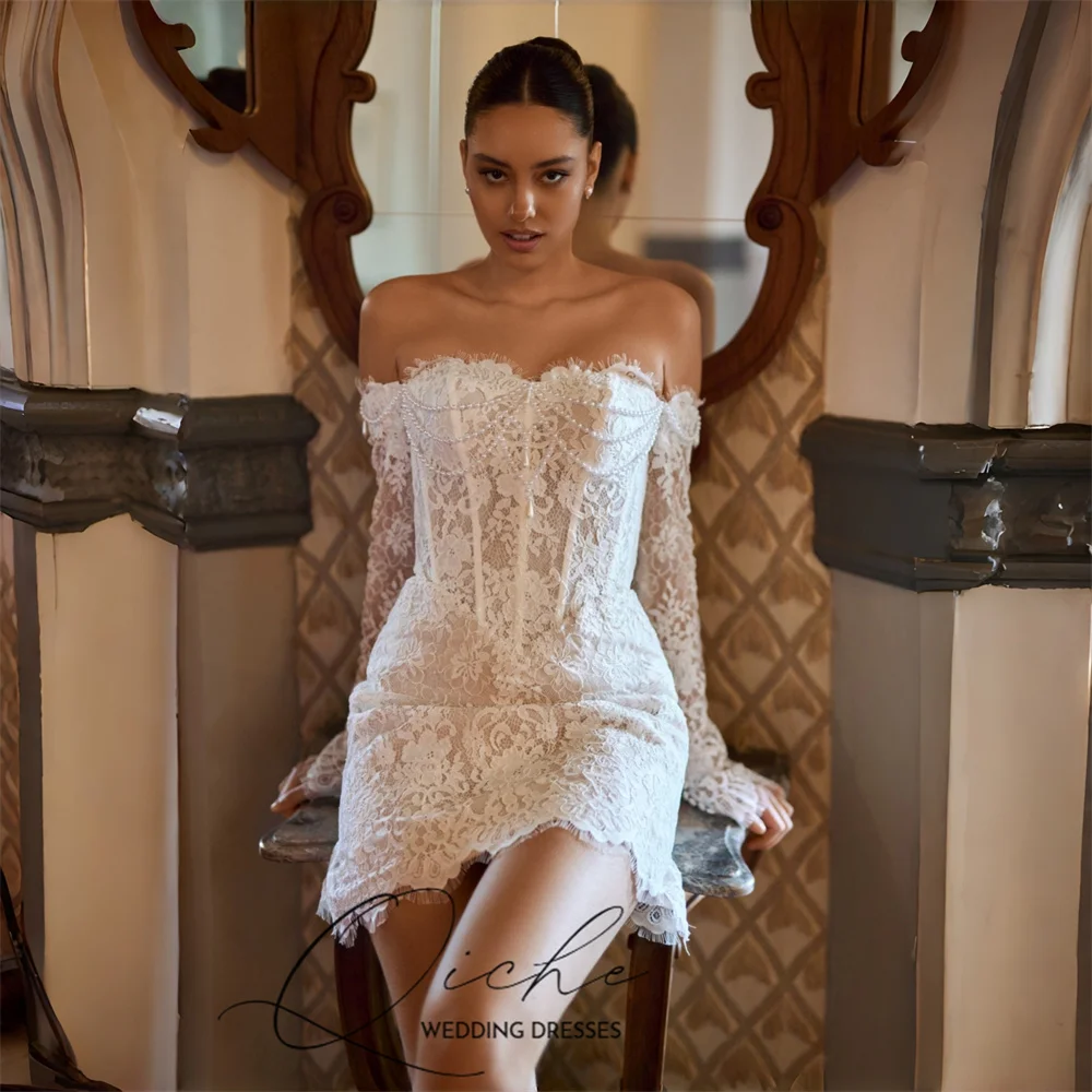 

QICHE Elegant Lace Mini Wedding Dresses Off Shoulder Sweetheart Short Bridal Gowns Long Sleeve 2026 Vestidos De Novia Customized