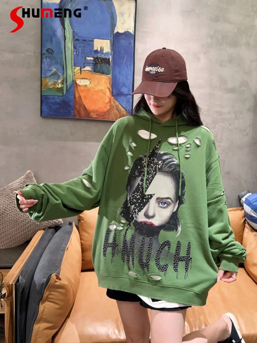 

Women's Clothes 2023 Autumn New Sweatshirts Fashion Rhinestone Feminine Oversize Mid-Length Loose Long Sleeve Hoodie Sweatshirts