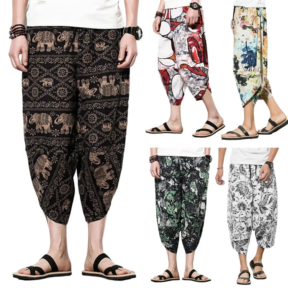 

Harajuku Cotton Linen Printing Baggy Pants Drawstring Pockets Cropped Pants Loose Calf Length Casual Trousers Retro Harem Pants