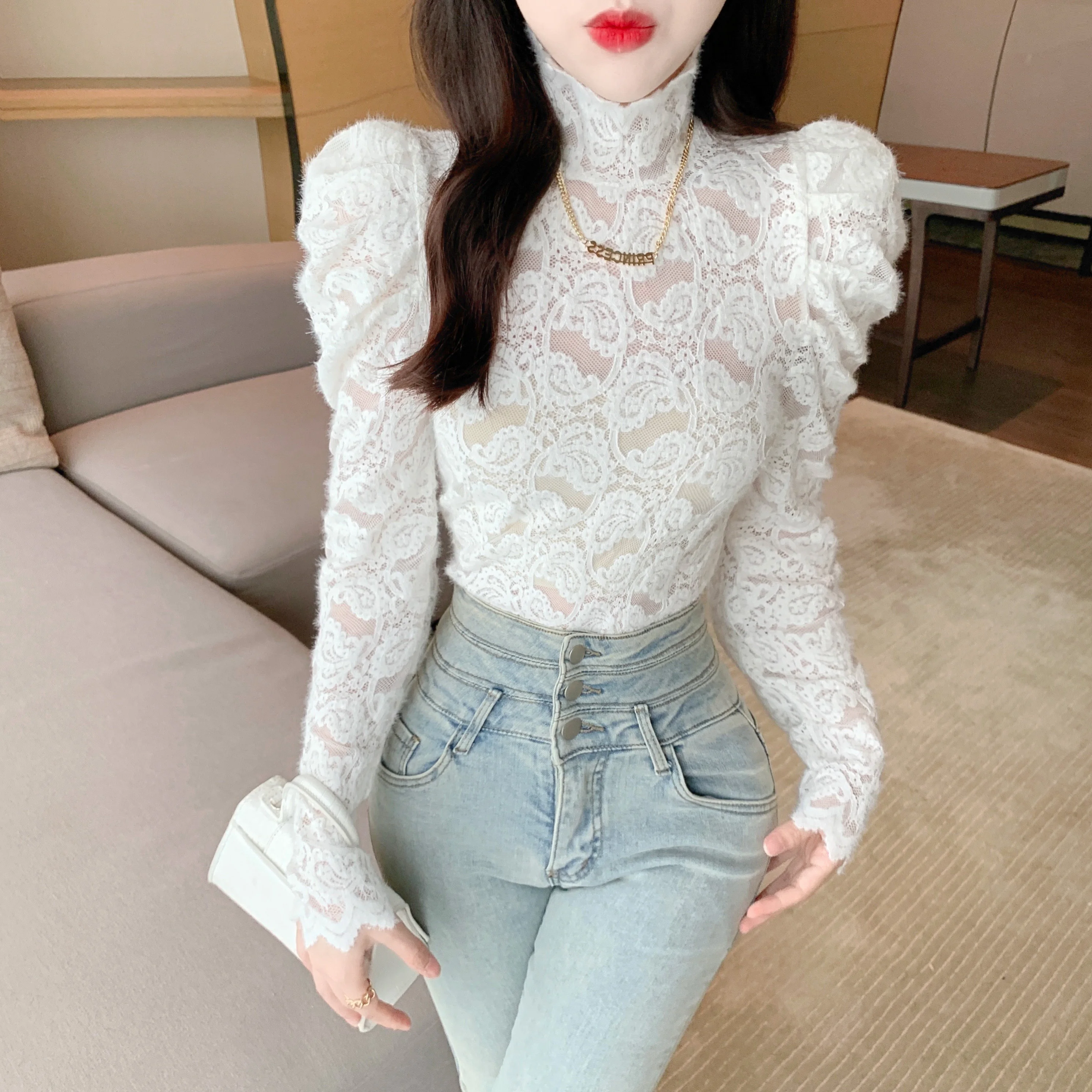 

Women's High Collar Lace Base irt Fce Bubble Sve Warm Top Sli Beautiful Trendy Sweet Sle Long Sve Autumn Winter