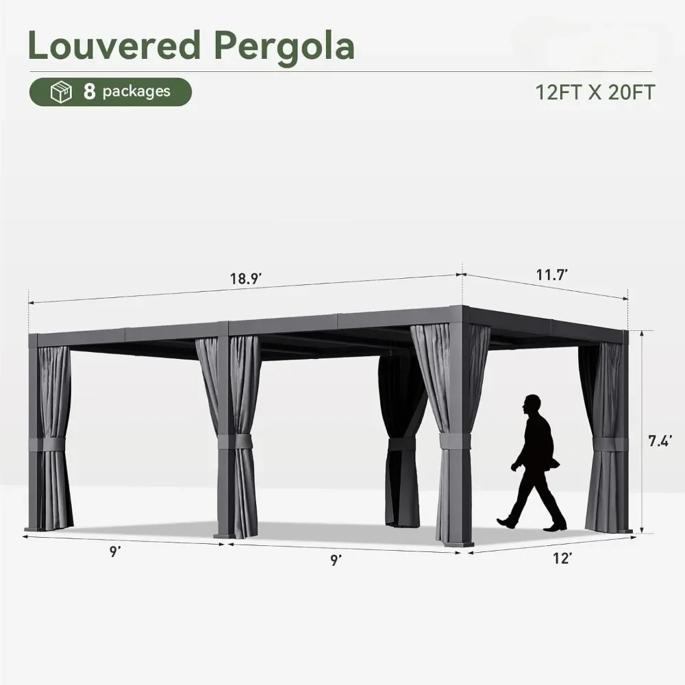 Louvered Pergola 12' X 20' Outdoor Aluminum Pergola with Adjustable Top, Drainage System for Decks, Gardens and Backyards, Gray