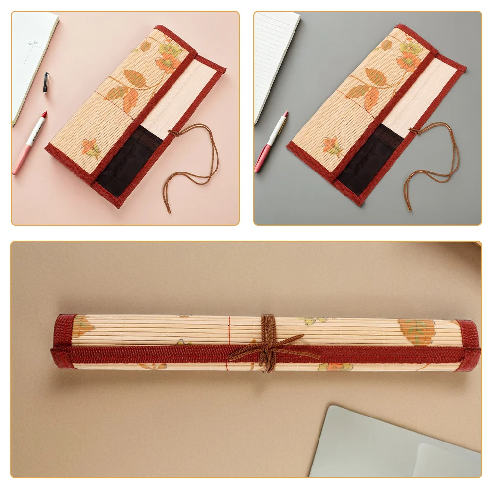 2Pcs Bamboo Calligraphy Brush Roll Organizer Portable Artist Pen Holder for Painting Drawing Travel Home Use Pen Wrapping Bag